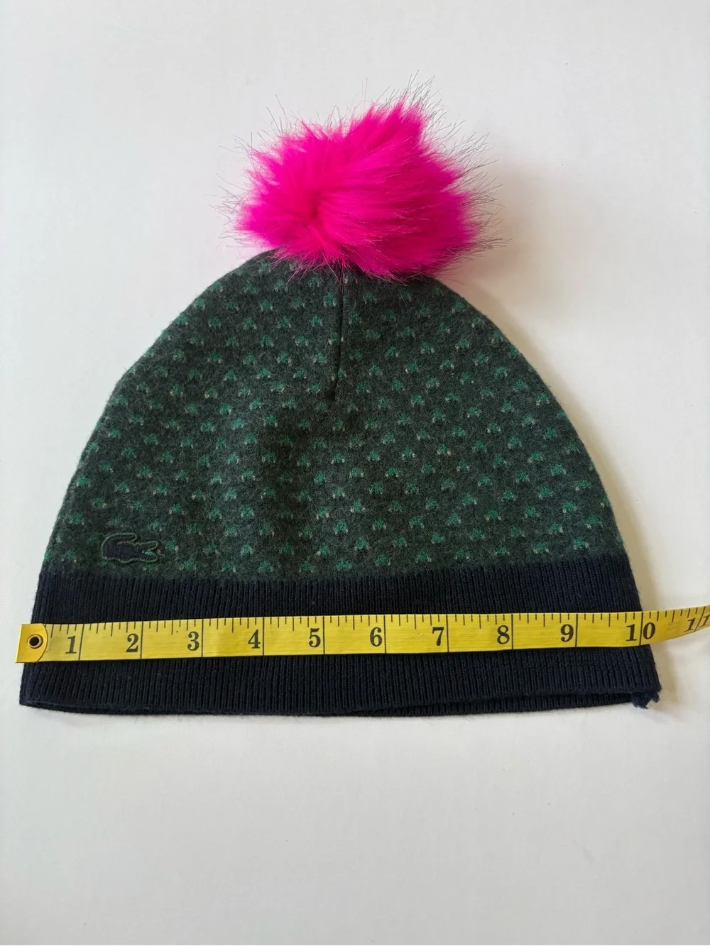 VNTG Lacoste Wool Green Blue Knit Pink Pompom Beanie Hat Women’s Logo Warm Fun